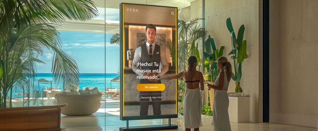 Imagen de un agente virtual amigable en el lobby de un hotel boutique.
